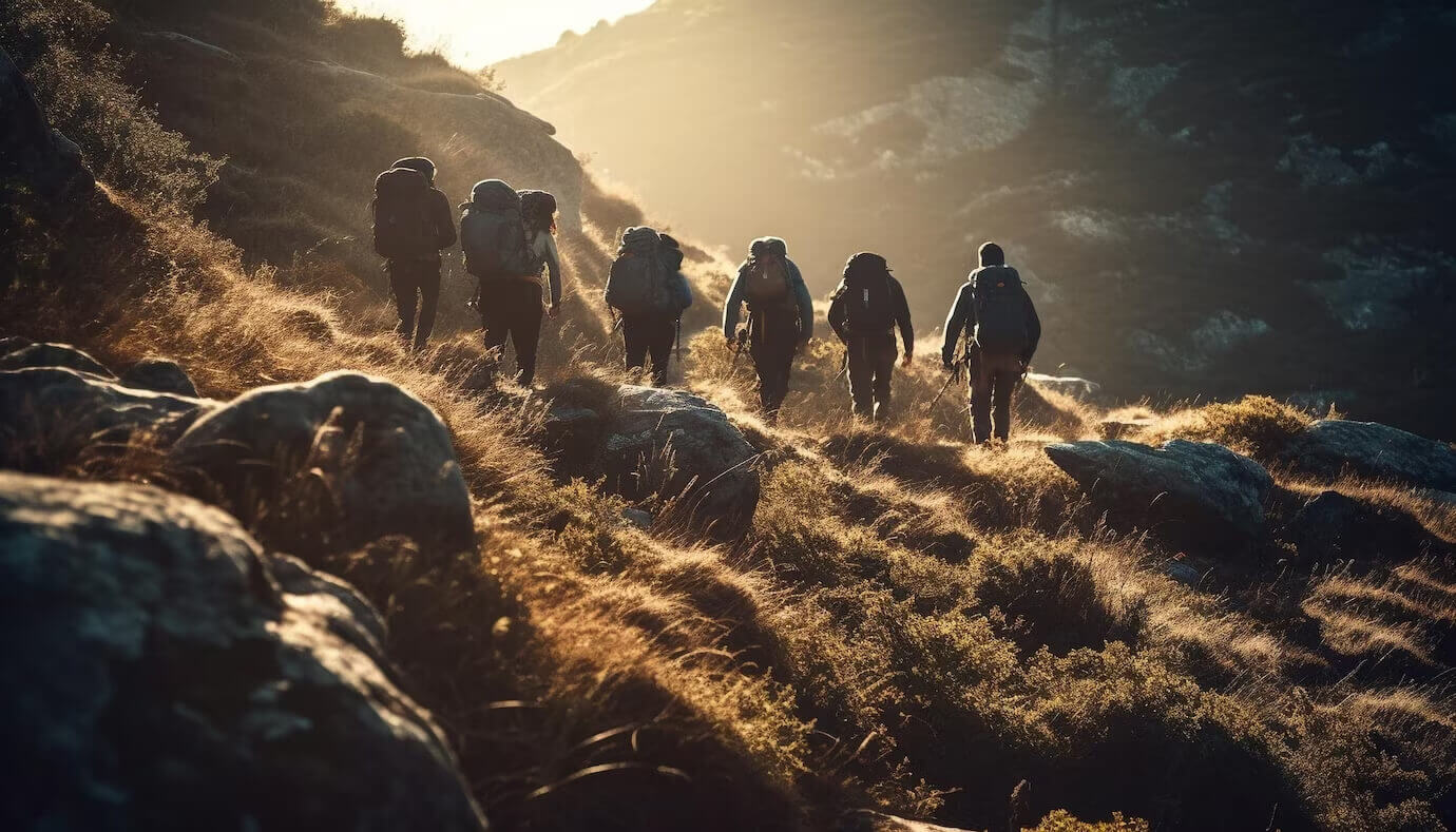 Team hiking a mountain ridge at sunrise